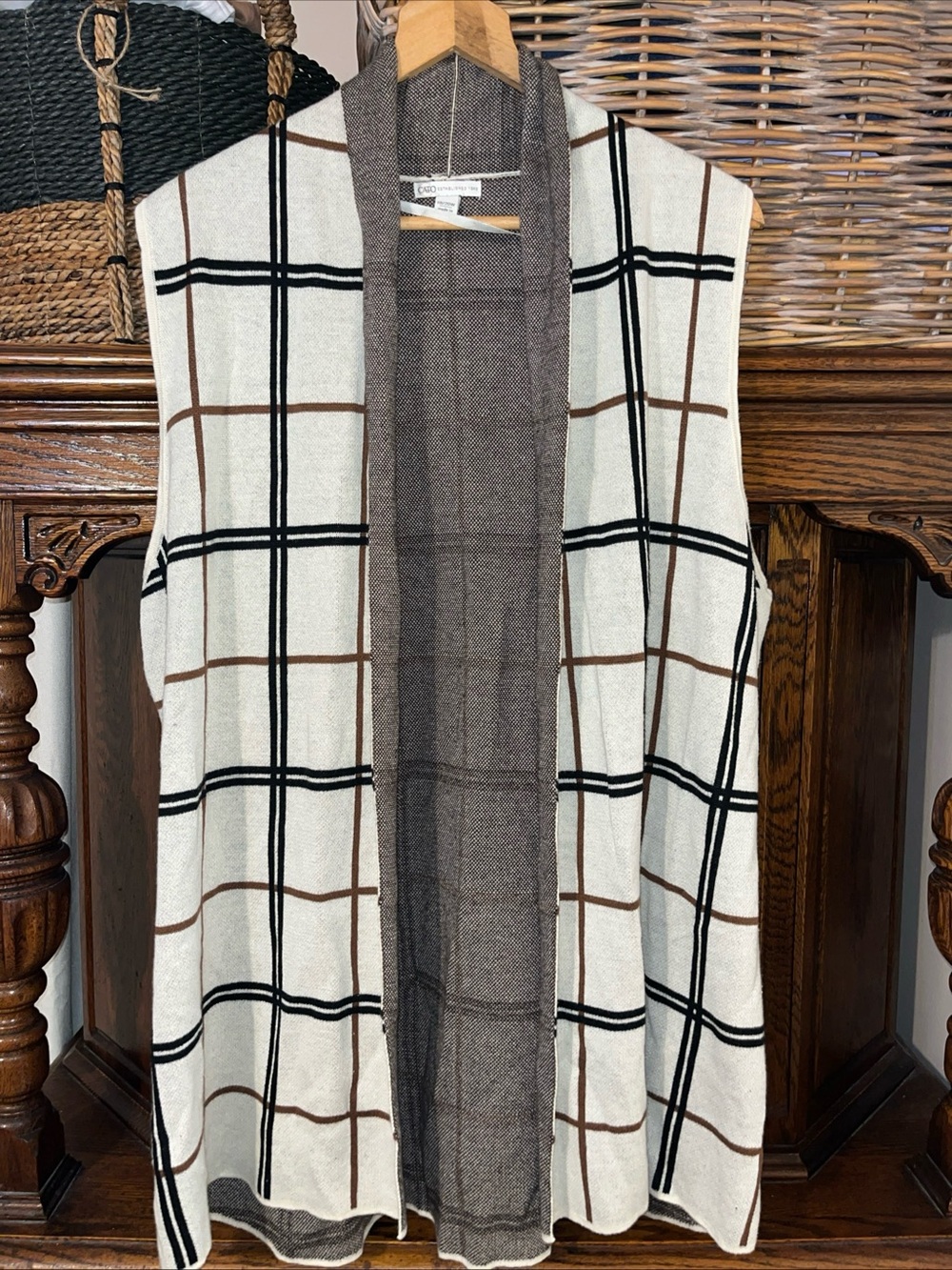 Cato Cream Windowpane Open-Front Sleeveless Cardigan with brown and black plaid